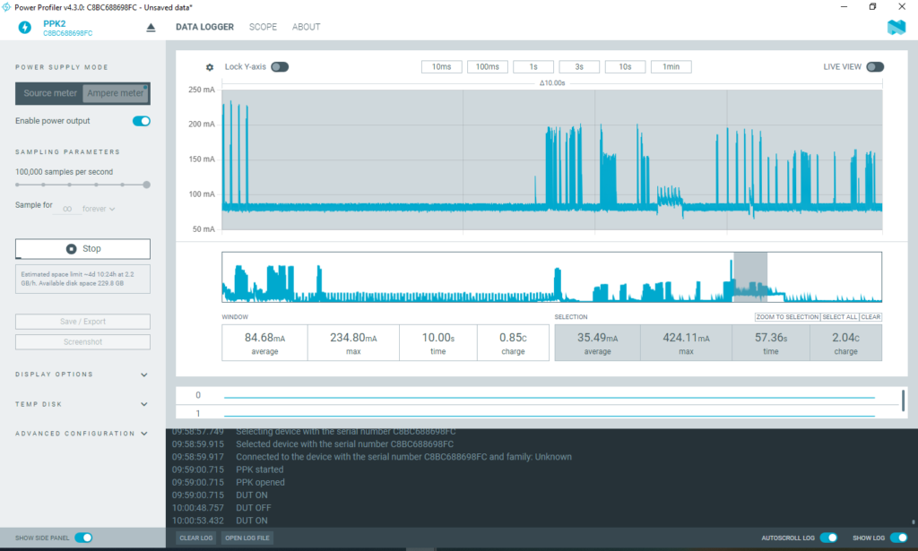 Power profile of initial cycle