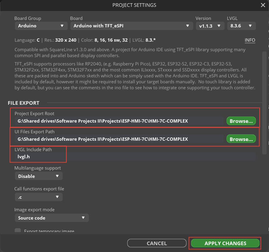 Project settings - NORVI ESP32 HMI GUI SquareLine