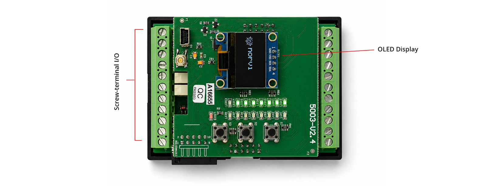 NORVI IIOT ESP32 PLC controller with OLED display and screw-terminal IO