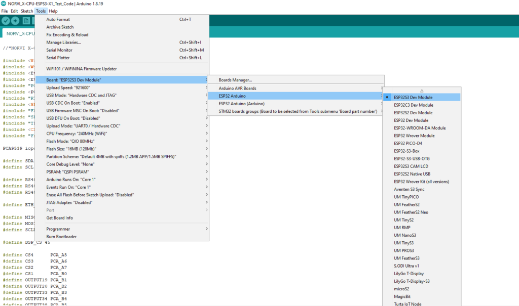 Arduino IDE Board and Tools Menu Configuration