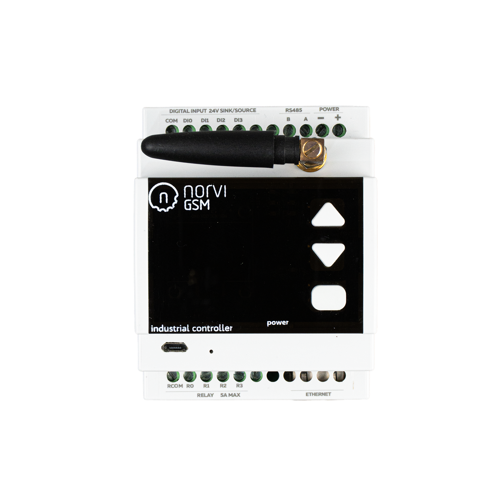 NORVI GSM-AE08 mains-powered ESP32 controller mounted on DIN rail