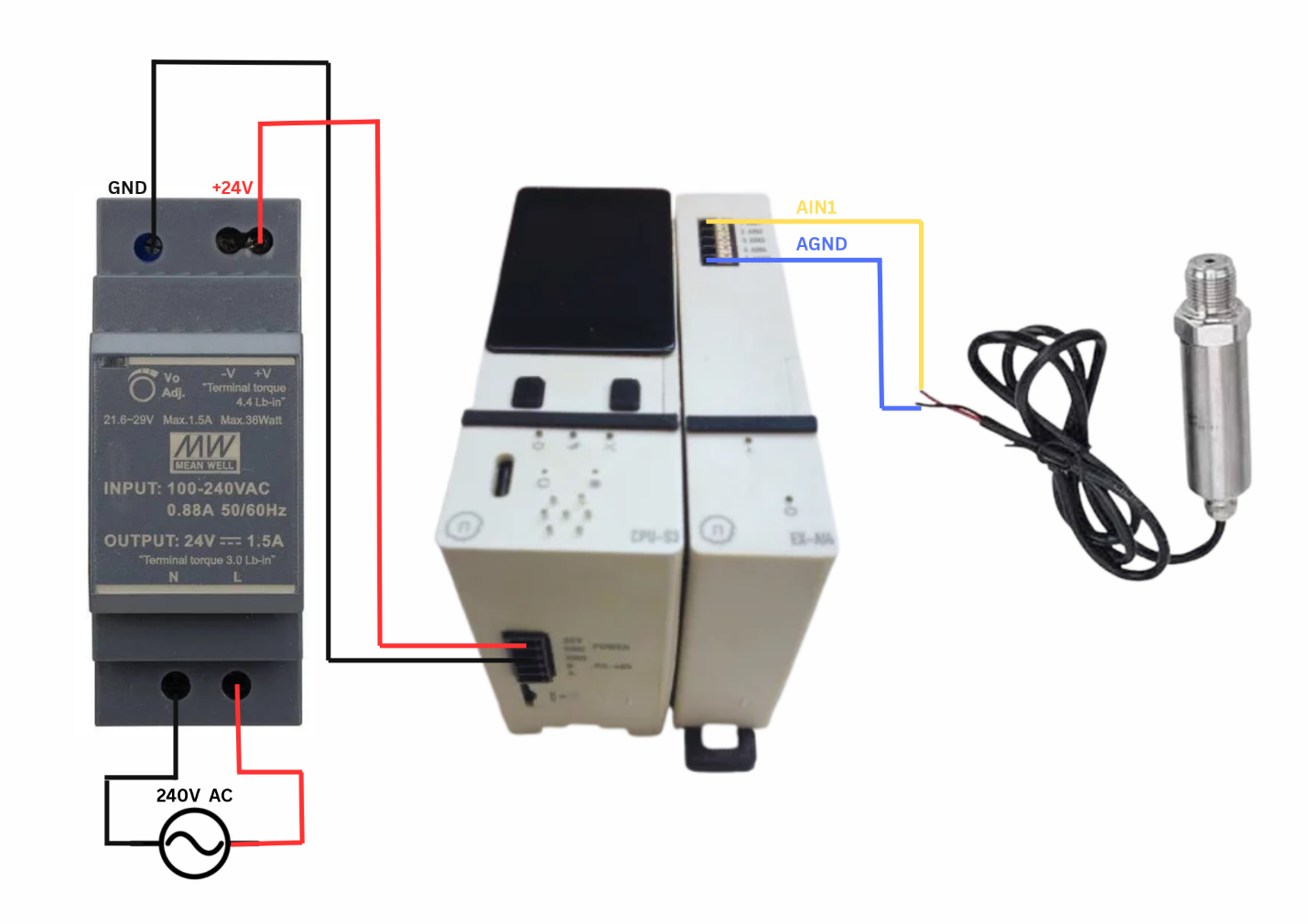 Figure 2: Wiring the 24 V supply, X-CPU, X-AI4 and pressure transmitter (signal to AIN1, ground to GND)