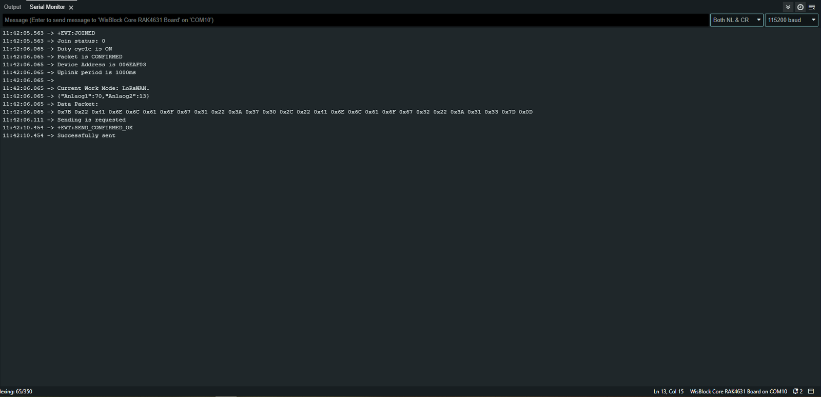 Figure 9: Serial Monitor Output of the RAK Module (Successful Uplink)