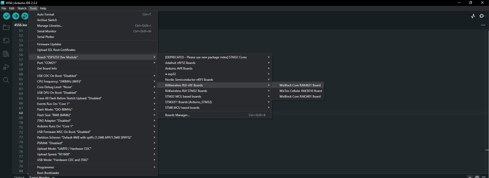 Figure 5: Arduino IDE Board and Tools Menu Configuration For RAKwireless Module Selection